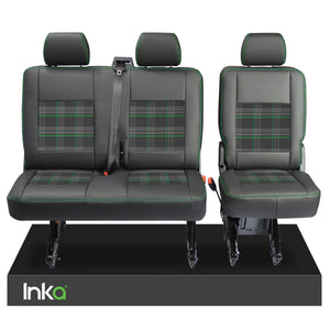 VW Transporter T6, T6.1 Rear 2+1 INKA Tailored Matt Black Leatherette Covers with GTi Tartan Centres [Choice of 7 colours]