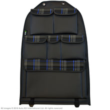 Load image into Gallery viewer, VW California T6.1,T6,T5 Inka Seatstor Seat Storage Six Pocket Organsier Tidy Black Leatherette With Tartan and colour matching bespoke &quot; California Series&quot; embroidery
