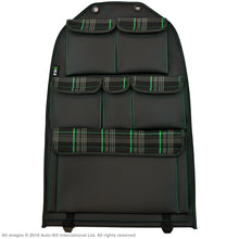 Load image into Gallery viewer, VW California T6.1,T6,T5 Inka Seatstor Seat Storage Six Pocket Organsier Tidy Black Leatherette With Tartan and colour matching bespoke &quot; California Series&quot; embroidery
