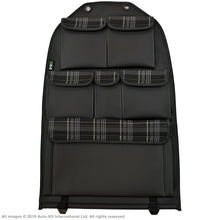 Load image into Gallery viewer, VW California T6.1,T6,T5 Inka Seatstor Seat Storage Six Pocket Organsier Tidy Black Leatherette With Tartan and colour matching bespoke &quot; California Series&quot; embroidery
