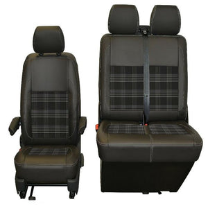 INKA Tailored VW Transporter T6.1, T6 & T5.1 Front Seat Covers Black Matt Leatherette with coloured GTi Tartan Centres [Choice of 7 colours]