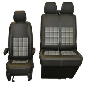 INKA Tailored VW Transporter T6.1, T6 & T5.1 Front Seat Covers Black Matt Leatherette with coloured GTi Tartan Centres [Choice of 7 colours]