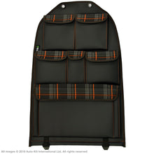 Load image into Gallery viewer, VW California T6.1,T6,T5 Inka Seatstor Seat Storage Six Pocket Organsier Tidy Black Leatherette With Tartan and colour matching bespoke &quot; California Series&quot; embroidery
