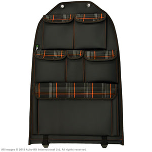 VW California T6.1,T6,T5 Inka Seatstor Seat Storage Six Pocket Organsier Tidy Black Leatherette With Tartan and colour matching bespoke " California Series" embroidery