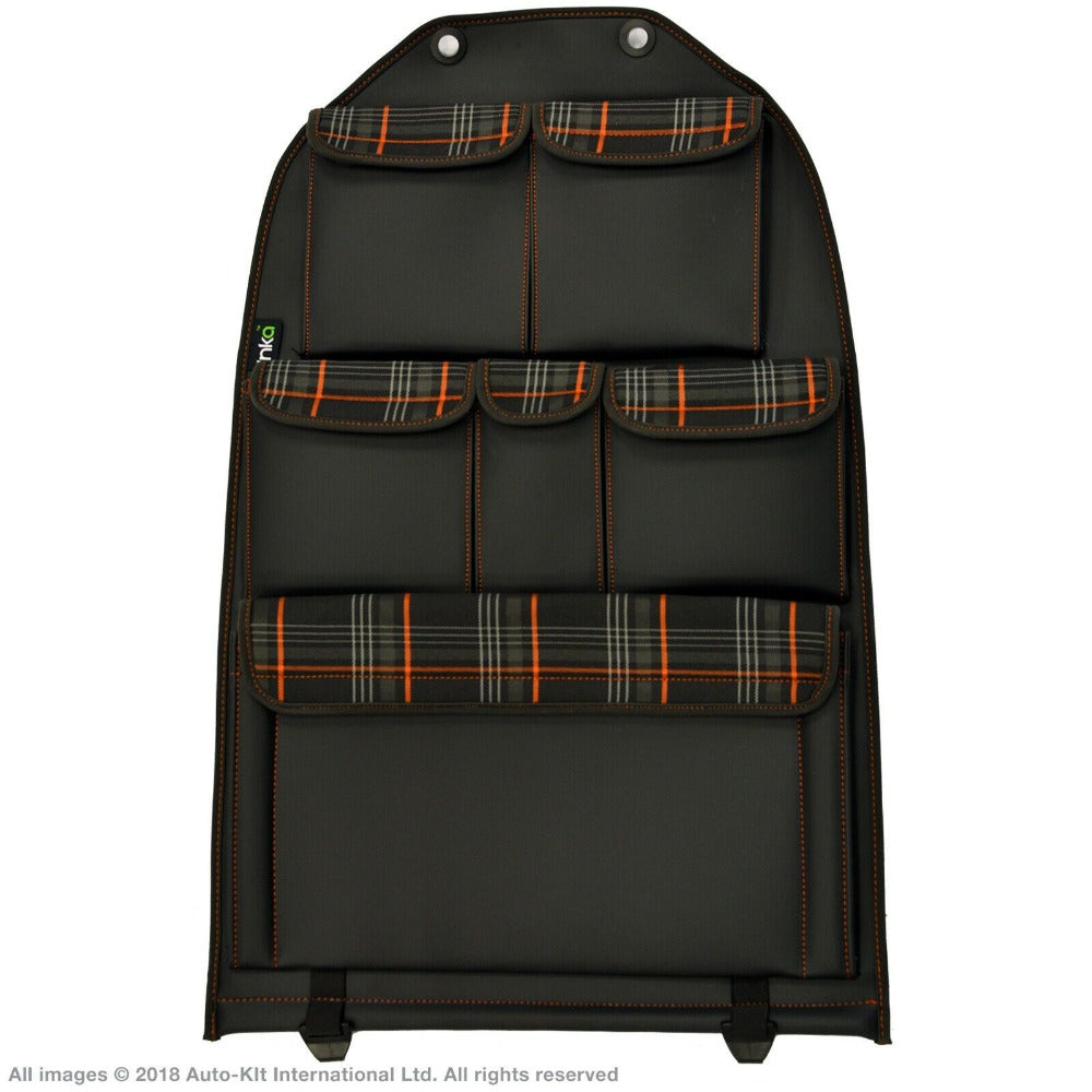 VW California T6.1,T6,T5 Inka Seatstor Seat Storage Six Pocket Organsier Tidy Black Leatherette With Tartan and colour matching bespoke 