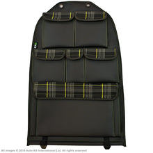 Load image into Gallery viewer, VW California T6.1,T6,T5 Inka Seatstor Seat Storage Six Pocket Organsier Tidy Black Leatherette With Tartan and colour matching bespoke &quot; California Series&quot; embroidery
